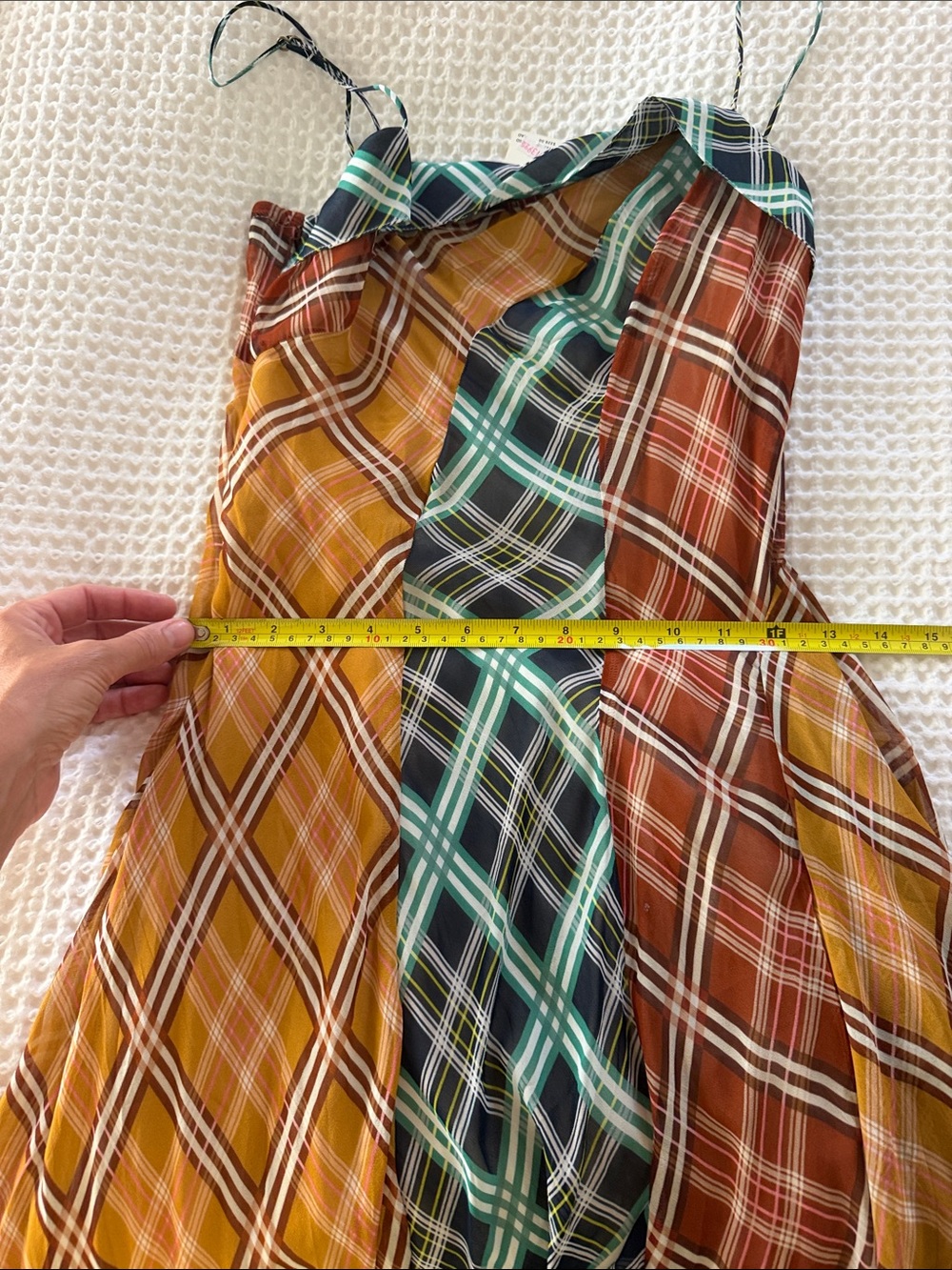 Maeve Multicolor Plaid Asymmetrical Slip Dress with Teal & Mustard Panels - Picture 6 of 11